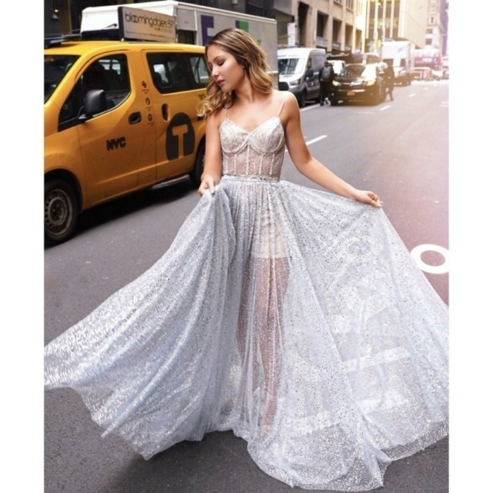 Ieena for Mac Duggal 12 Bustier Crystal Gown 261861 Blue Silver Cinderella